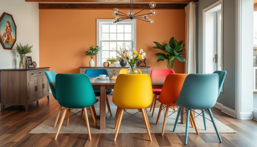 Eethoek met verschillende kleur eetkamerstoelen die samen een mooi geheel vormen Eethoek met verschillende kleur eetkamerstoelen die samen een mooi geheel vormen