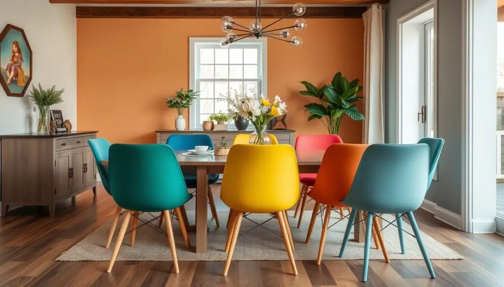 Eethoek met verschillende kleur eetkamerstoelen die samen een mooi geheel vormen Eethoek met verschillende kleur eetkamerstoelen die samen een mooi geheel vormen