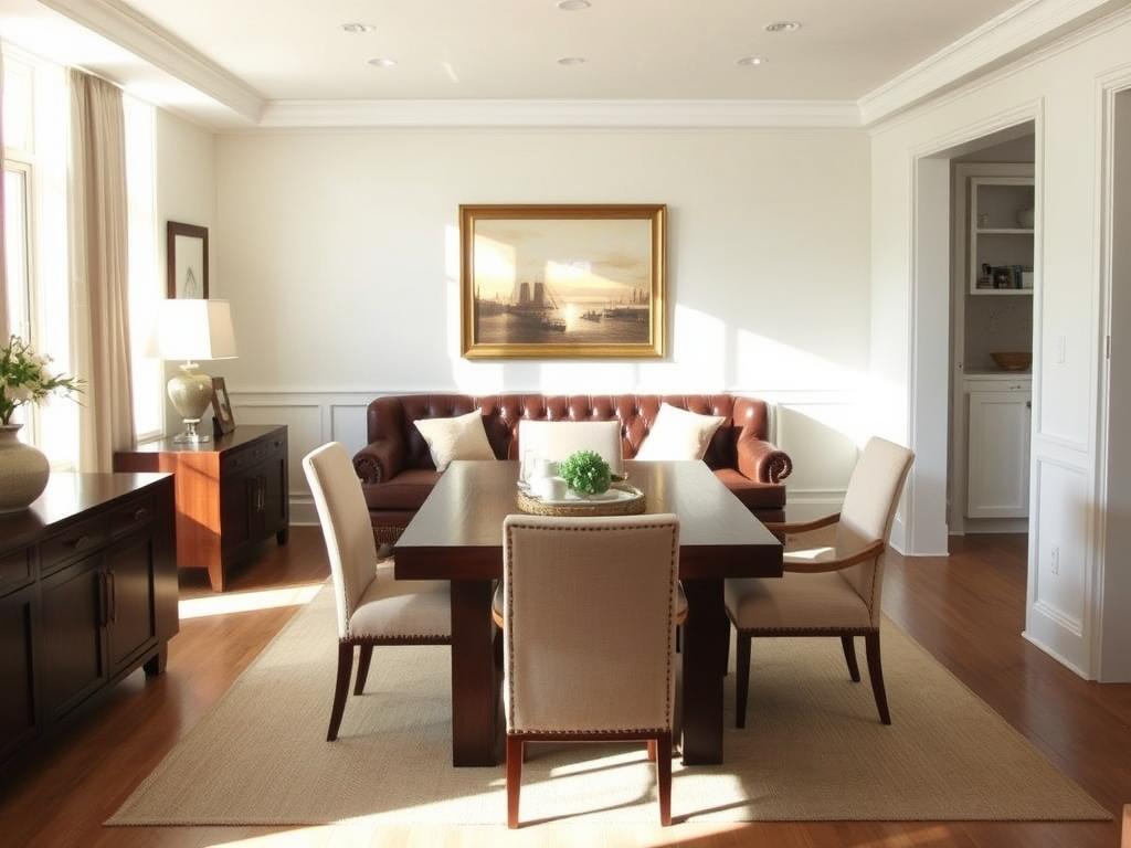 Eetkamer met bruine bank en beige eetkamerstoelen in een elegant interieur Eetkamer met bruine bank en beige eetkamerstoelen in een elegant interieur