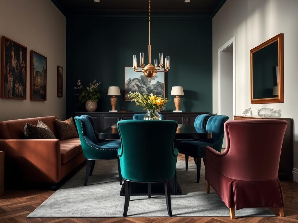 Eetkamer met bruine bank en velours eetkamerstoelen in verschillende kleuren Eetkamer met bruine bank en velours eetkamerstoelen in verschillende kleuren