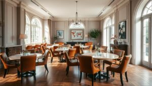 Eetkamer met bruine stoelen en ronde tafels in verschillende kleuren, met grote ramen en kunst aan de muren.