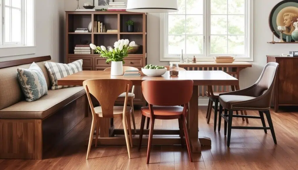 Eetkamer met een eetkamerbank aan één zijde en verschillende eetkamerstoelen aan de andere zijden Eetkamer met een eetkamerbank aan één zijde en verschillende eetkamerstoelen aan de andere zijden