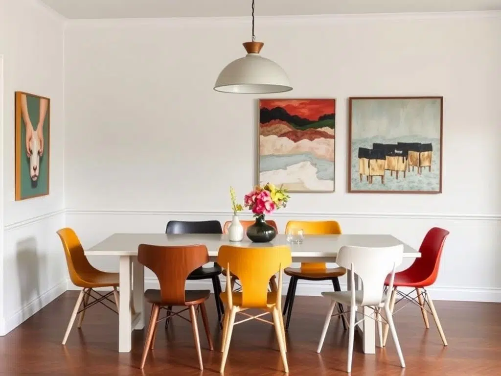 Eetkamer met verschillende eetkamerstoelen en een opvallende hanglamp als focuspunt Eetkamer met verschillende eetkamerstoelen en een opvallende hanglamp als focuspunt