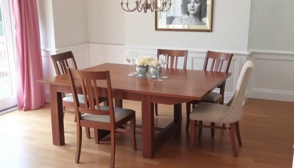 Eetkamer met verschillende eetkamerstoelen geplaatst in symmetrische paren Eetkamer met verschillende eetkamerstoelen geplaatst in symmetrische paren