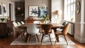 Eetkamer met verschillende eetkamerstoelen rond een houten tafel