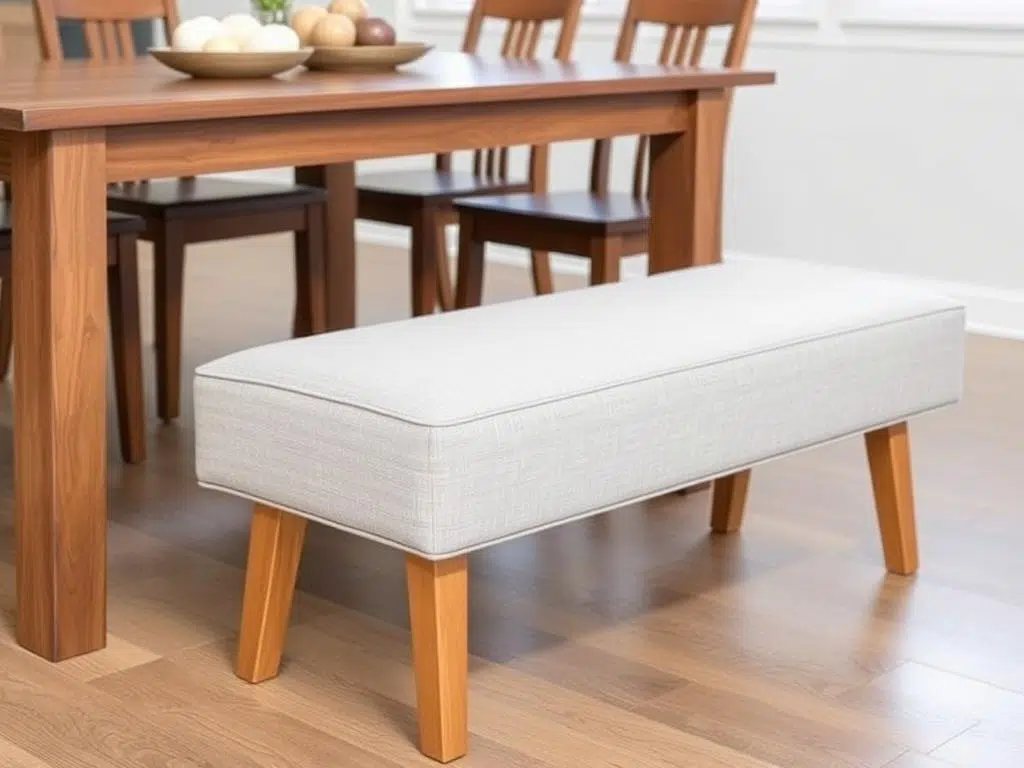 Eetkamerbank met stoffen bekleding naast een houten eettafel met stoelen aan de andere zijde Eetkamerbank met stoffen bekleding naast een houten eettafel met stoelen aan de andere zijde