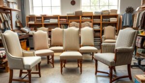 Eetkamerstoelen in verschillende stadia van het opnieuw bekleden proces