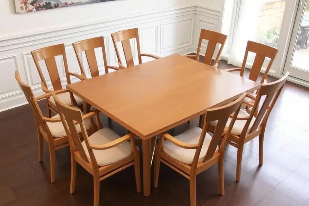 Eetkamerstoelen met armleuningen die meer ruimte innemen aan een tafel van 200 cm Eetkamerstoelen met armleuningen die meer ruimte innemen aan een tafel van 200 cm