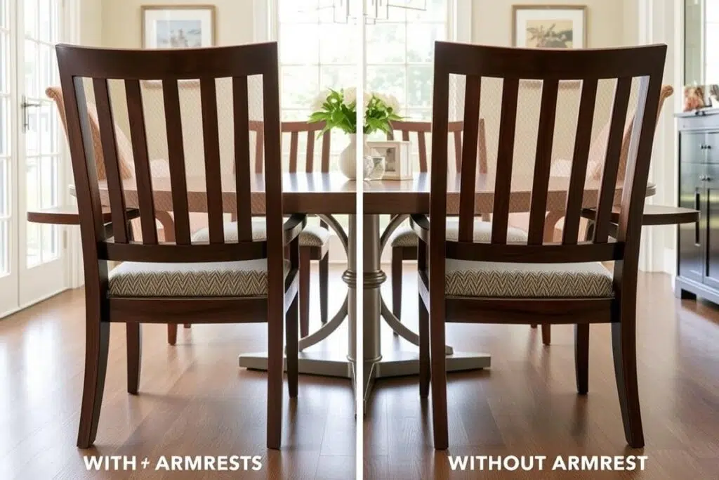 Eetkamerstoelen met en zonder armleuningen rond een eettafel