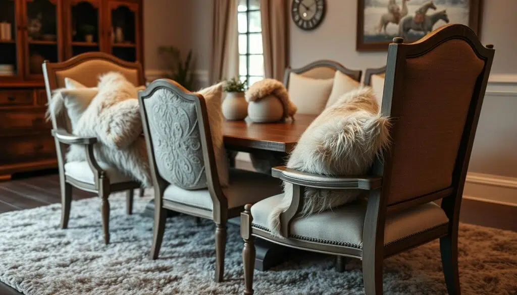 Eetkamerstoelen met extra kussens in een lichte, neutrale stijl rondom een houten tafel.