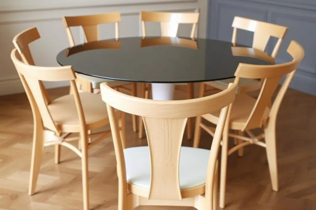 Eetkamerstoelen zonder armleuningen die dicht bij elkaar aan een tafel van 200 cm staan Eetkamerstoelen zonder armleuningen die dicht bij elkaar aan een tafel van 200 cm staan