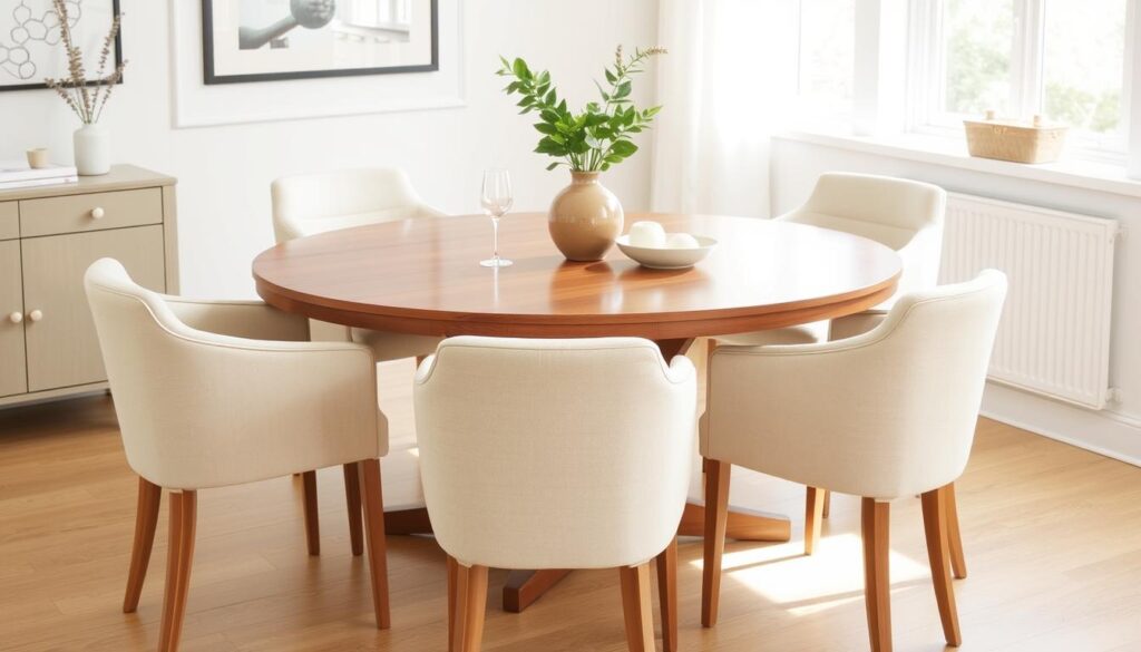 Eetkamerstoelen zonder armleuningen rond een ronde eettafel