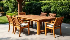 Eettafel buiten in een verzorgde tuin met stoelen eromheen