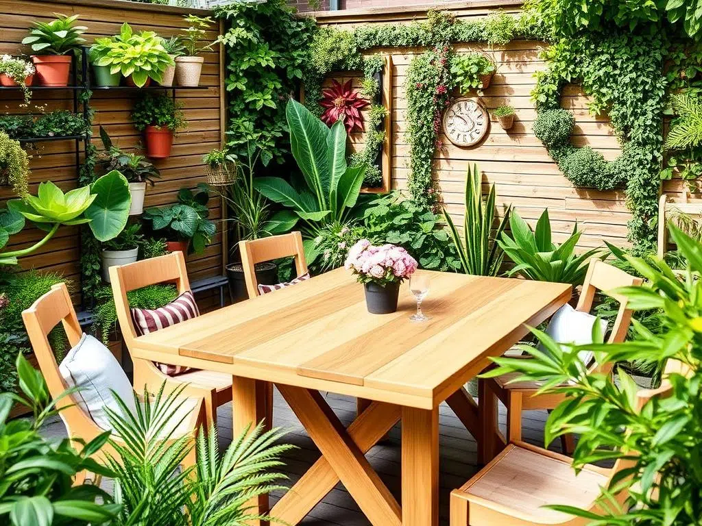 Eettafel omringd door groen en planten voor een natuurlijke uitstraling Eettafel omringd door groen en planten voor een natuurlijke uitstraling