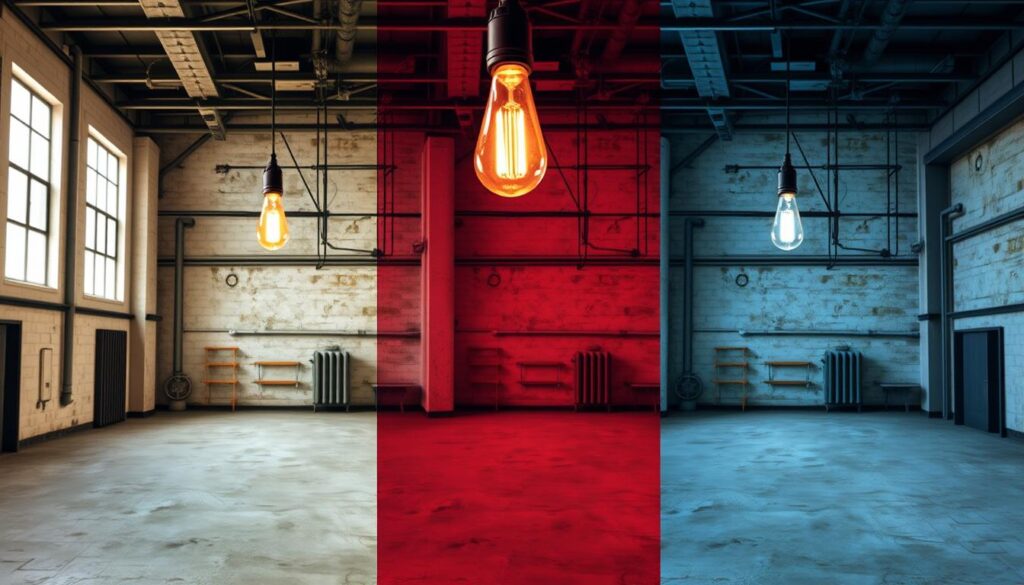 Effect van verschillende lichtbronnen op kleurenpalet industriële woonstijl Effect van verschillende lichtbronnen op kleurenpalet industriële woonstijl