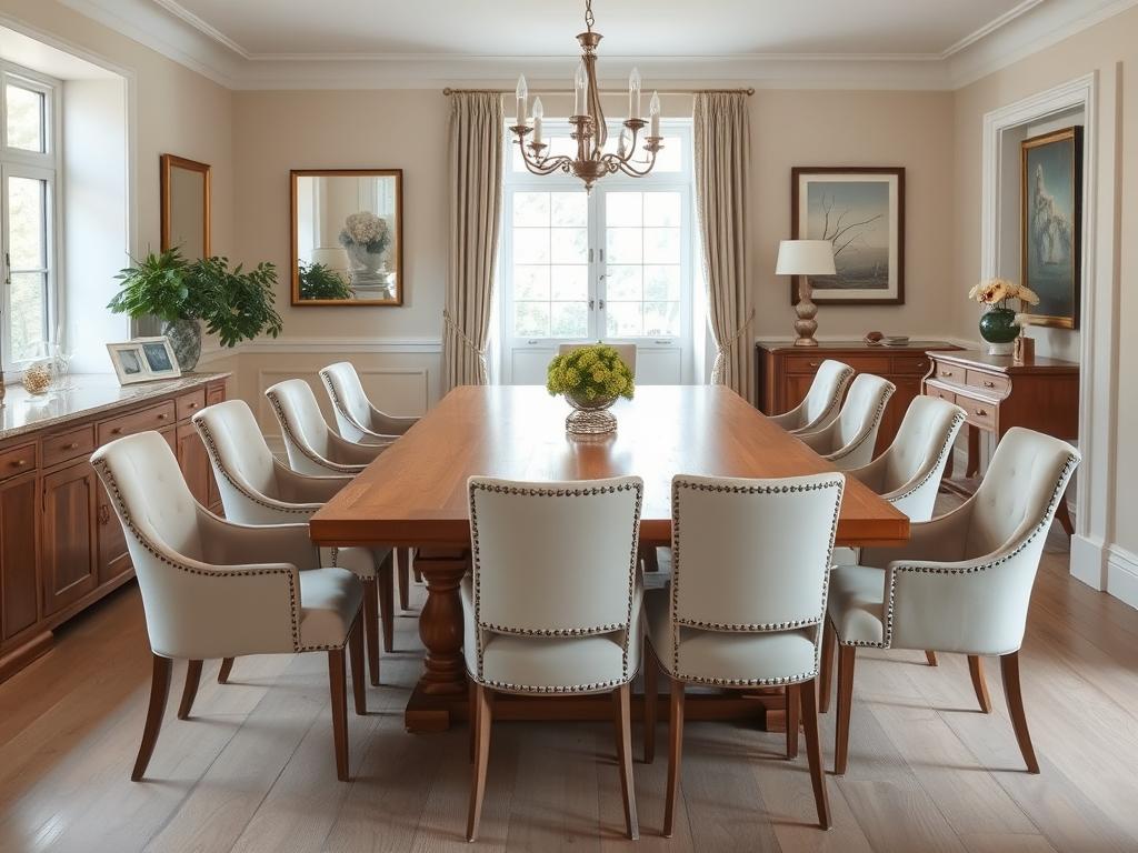 Eiken tafel met beige en witte stoelen in een lichte eetkamer Eiken tafel met beige en witte stoelen in een lichte eetkamer