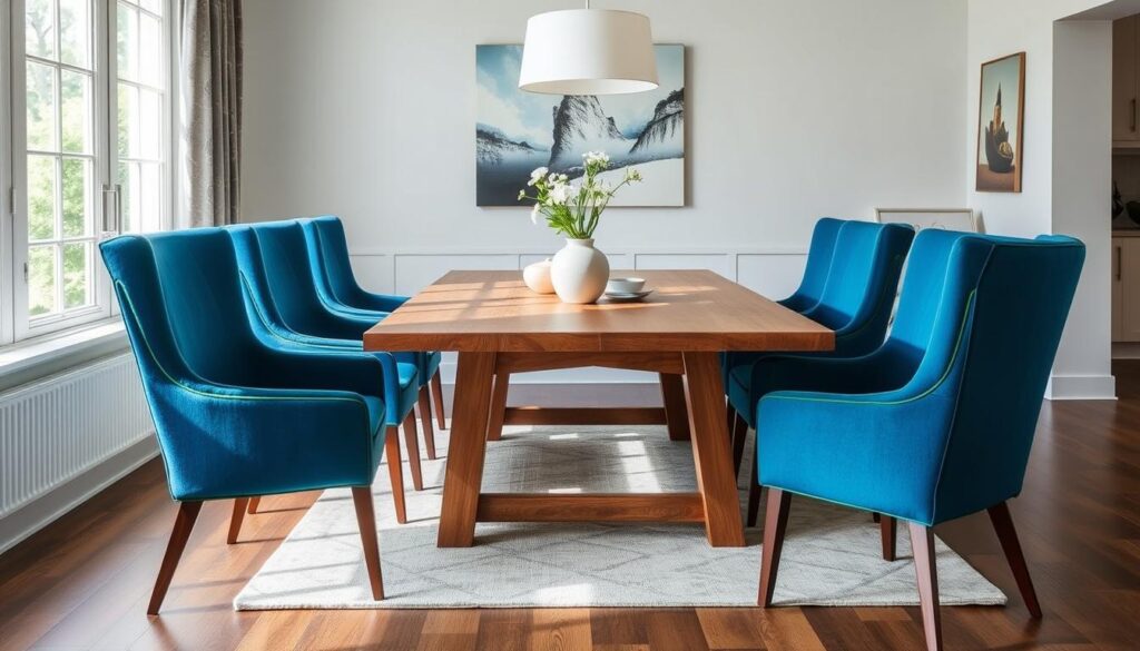Eiken tafel met blauwe en groene stoelen als kleuraccent Eiken tafel met blauwe en groene stoelen als kleuraccent