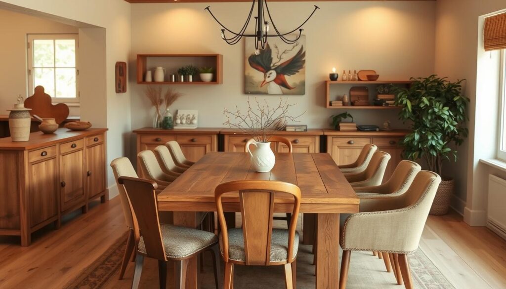 Eiken tafel met bruine en taupe stoelen in een warme eetkamer Eiken tafel met bruine en taupe stoelen in een warme eetkamer
