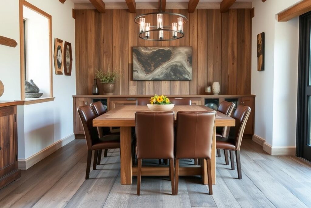 Eiken tafel met bruine leren stoelen in een rustieke eetkamer Eiken tafel met bruine leren stoelen in een rustieke eetkamer