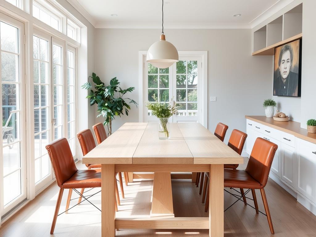 Eiken tafel met cognackleurige leren stoelen in een lichte eetkamer Eiken tafel met cognackleurige leren stoelen in een lichte eetkamer