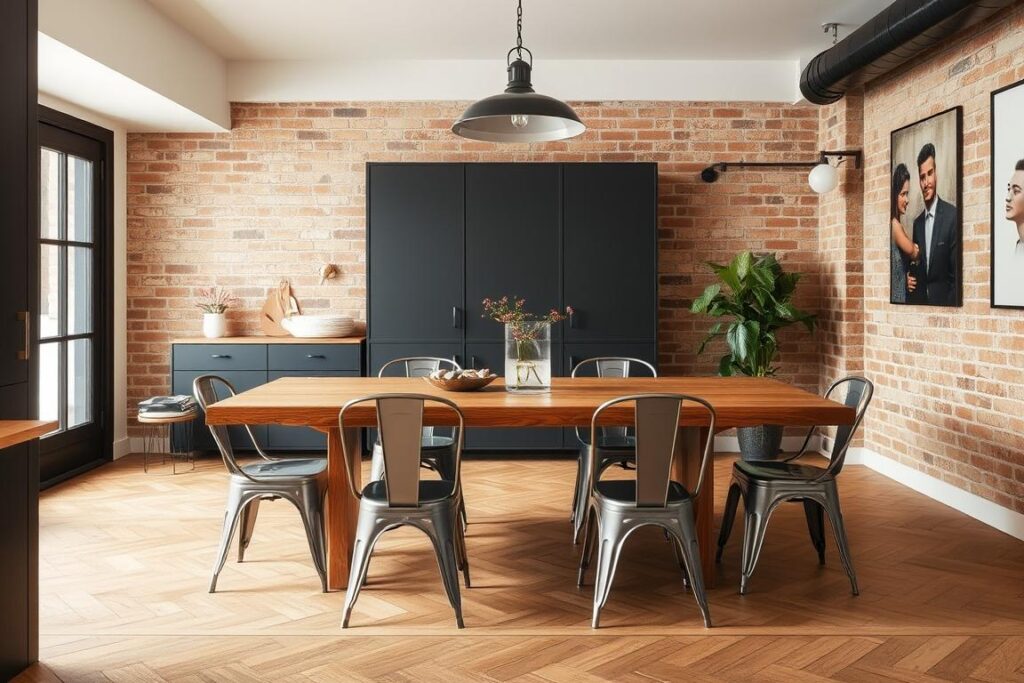 Eiken tafel met industriële metalen stoelen Eiken tafel met industriële metalen stoelen