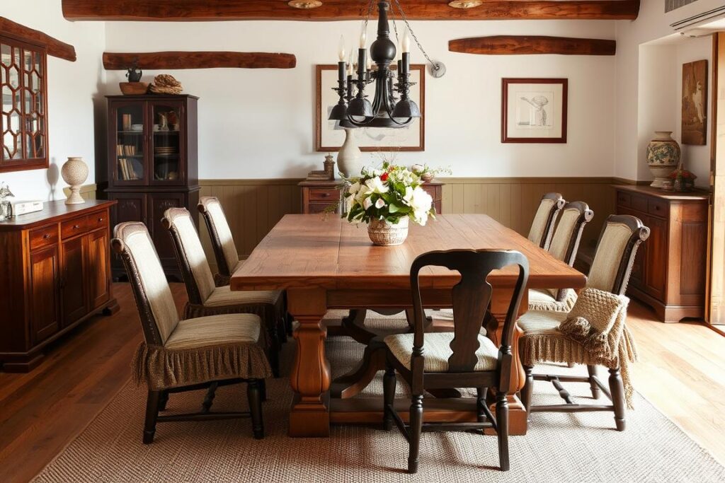 Eiken tafel met landelijke stoelen in een rustieke eetkamer Eiken tafel met landelijke stoelen in een rustieke eetkamer