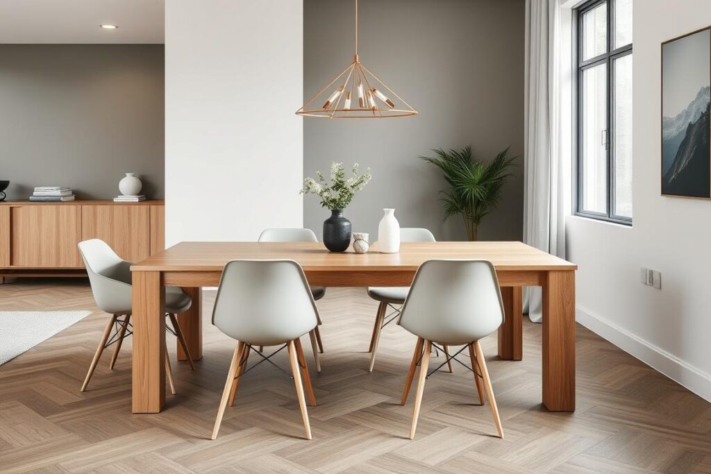 Eiken tafel met moderne stoelen in een strak interieur Eiken tafel met moderne stoelen in een strak interieur