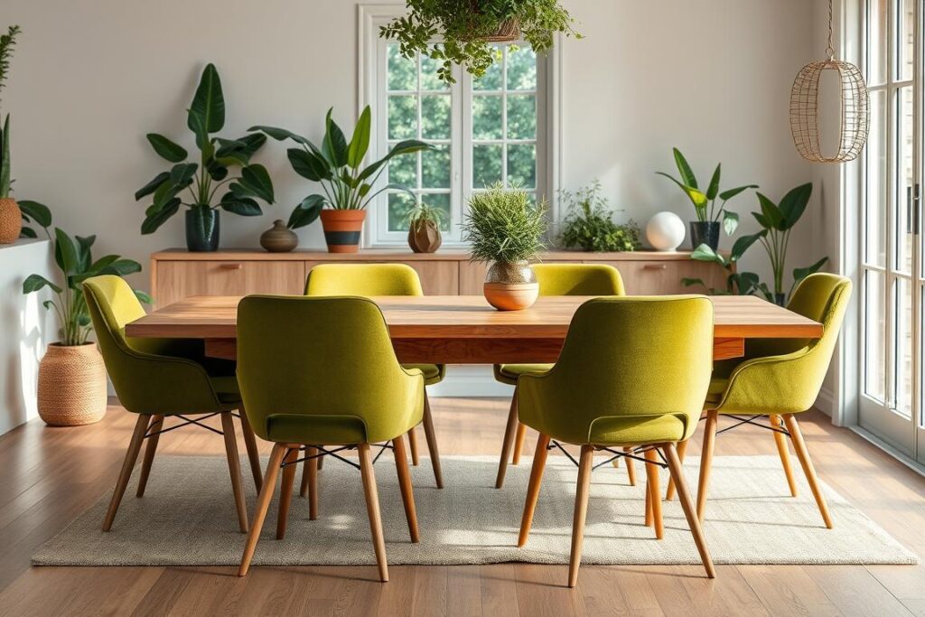 Eiken tafel met mosgroene stoelen in een natuurlijk interieur Eiken tafel met mosgroene stoelen in een natuurlijk interieur
