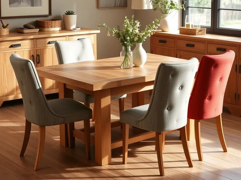 Eiken tafel met stoffen stoelen Eiken tafel met stoffen stoelen