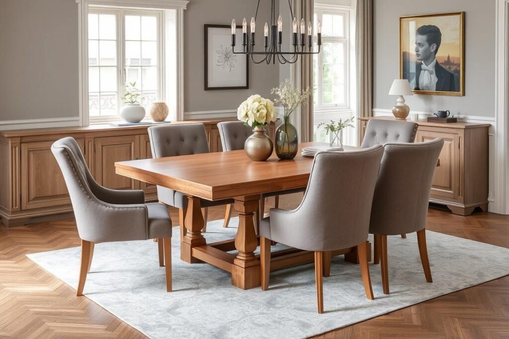 Eiken tafel met taupe stoffen stoelen in een elegante eetkamer Eiken tafel met taupe stoffen stoelen in een elegante eetkamer