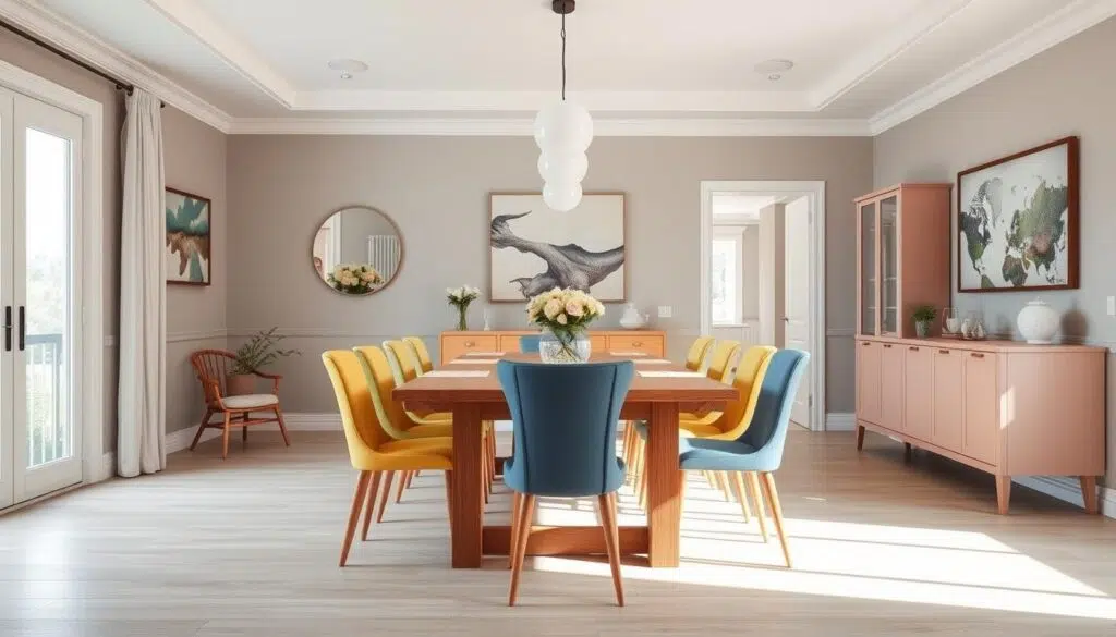 Eiken tafel met verschillende kleur stoelen in een harmonieuze eetkamer