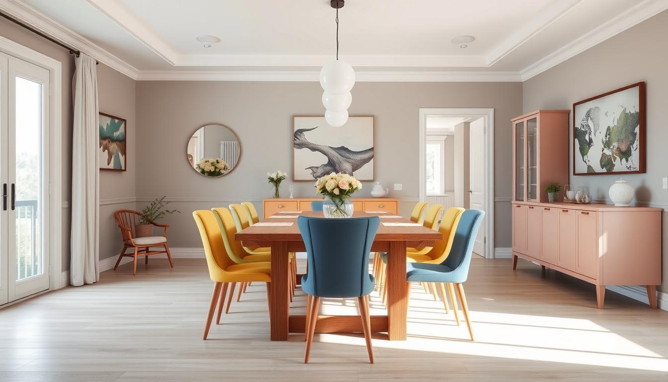 Eiken tafel met verschillende kleur stoelen in een harmonieuze eetkamer