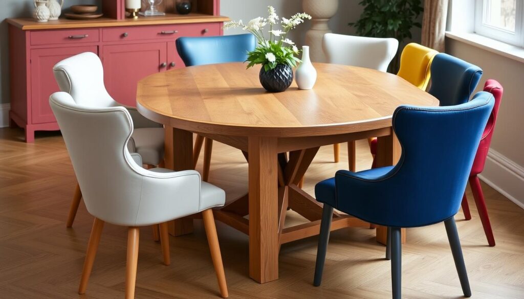 Eiken tafel met verschillende stoelen in complementaire kleuren Eiken tafel met verschillende stoelen in complementaire kleuren