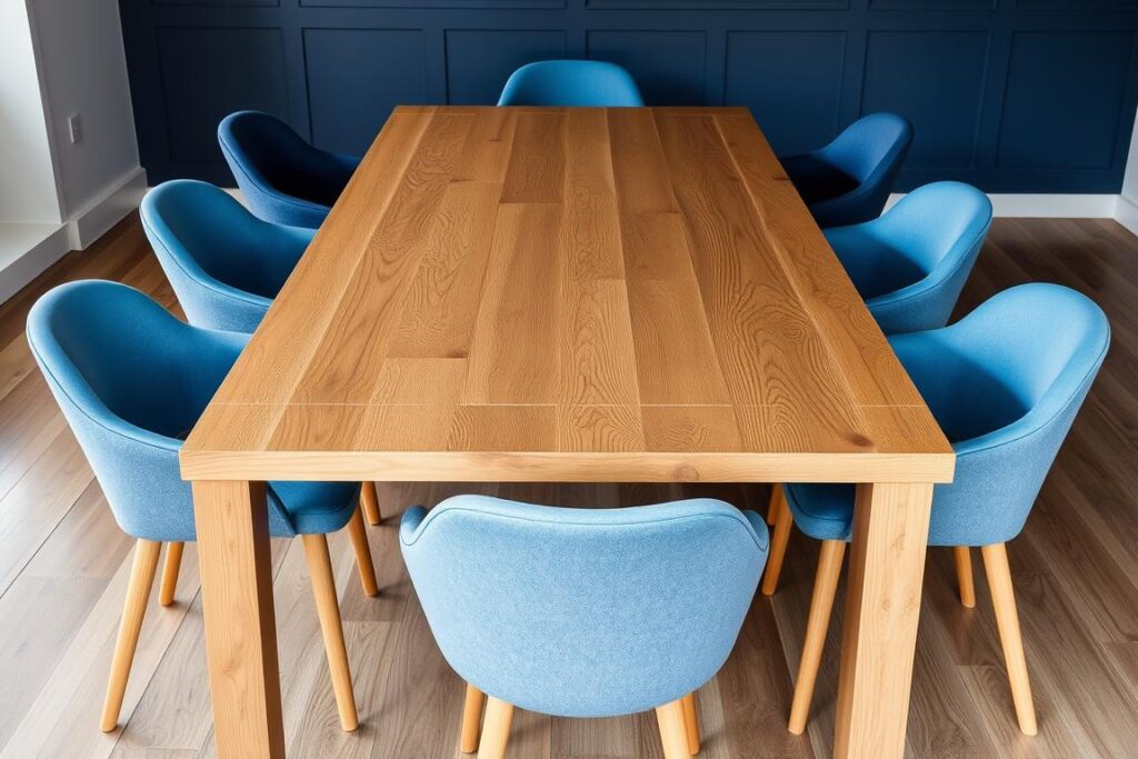 Eiken tafel met verschillende tinten blauwe stoelen Eiken tafel met verschillende tinten blauwe stoelen