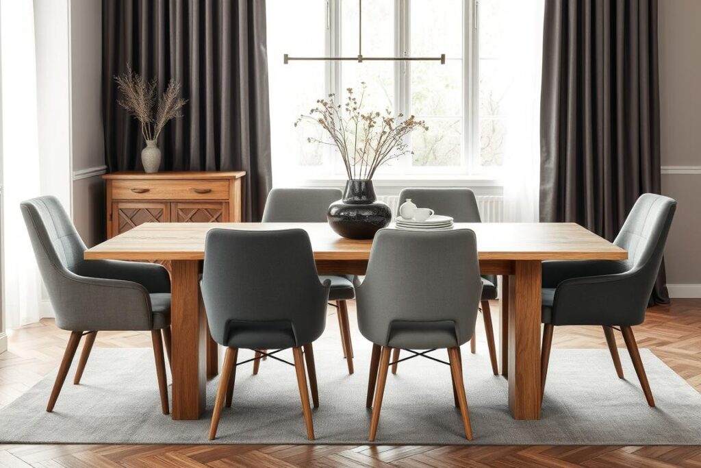 Eiken tafel met verschillende tinten grijze stoelen Eiken tafel met verschillende tinten grijze stoelen