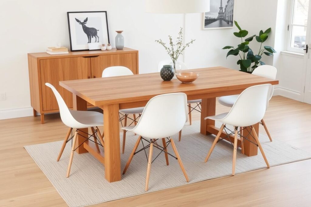 Eiken tafel met witte moderne stoelen in een lichte eetkamer Eiken tafel met witte moderne stoelen in een lichte eetkamer