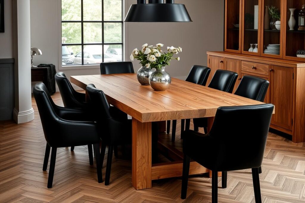 Eiken tafel met zwarte stoelen voor een dramatisch contrast Eiken tafel met zwarte stoelen voor een dramatisch contrast