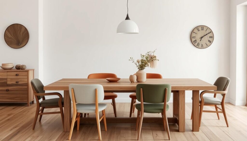 Eikenhouten eettafel met stoelen in natuurlijke tinten zoals taupe en olijfgroen Eikenhouten eettafel met stoelen in natuurlijke tinten zoals taupe en olijfgroen