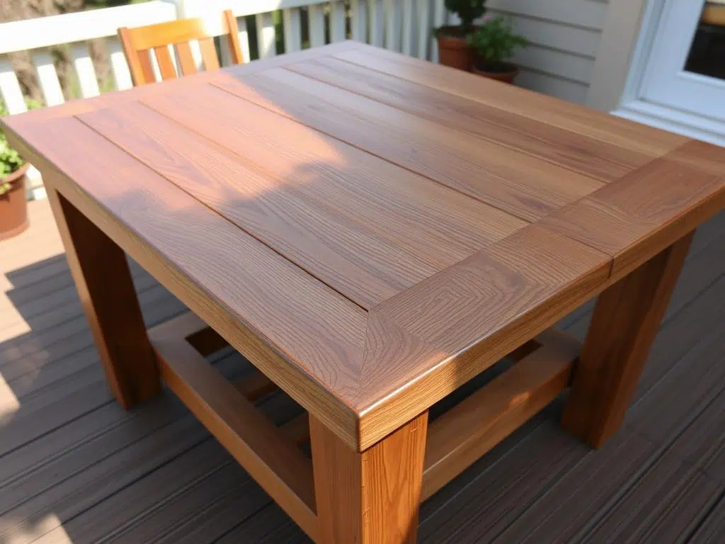 Eikenhouten tafel buiten op terras met behandeling Eikenhouten tafel buiten op terras met behandeling