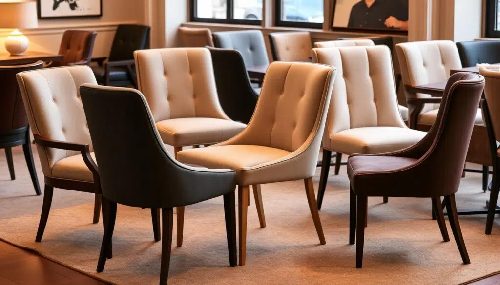 Elegant dining chairs in a variety of sophisticated styles, crafted from high-quality materials such as solid wood, plush upholstery, and sleek metal frames. Warm ambient lighting casts a soft glow, highlighting the intricate details and textures of each chair. The chairs are arranged in a well-curated setting, showcasing their versatility and ability to complement different interior design aesthetics, from mid-century modern to traditional. The scene exudes a sense of comfort and refinement, inviting the viewer to imagine the chairs as the centerpiece of a stylish and inviting dining space.
