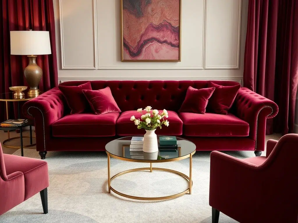 Elegant interieur met velvet kleur bank en accessoires Elegant interieur met velvet kleur bank en accessoires