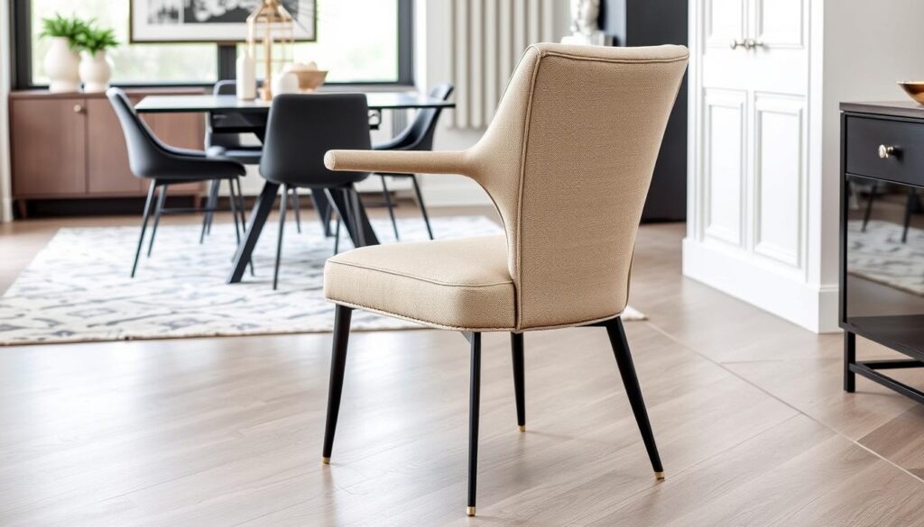 Een beige carver eetkamerstoel met zwarte poten in een moderne eetkameromgeving.