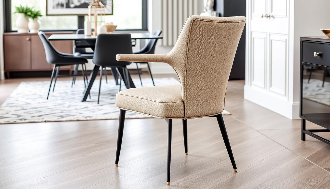 Een beige carver eetkamerstoel met zwarte poten in een moderne eetkameromgeving.