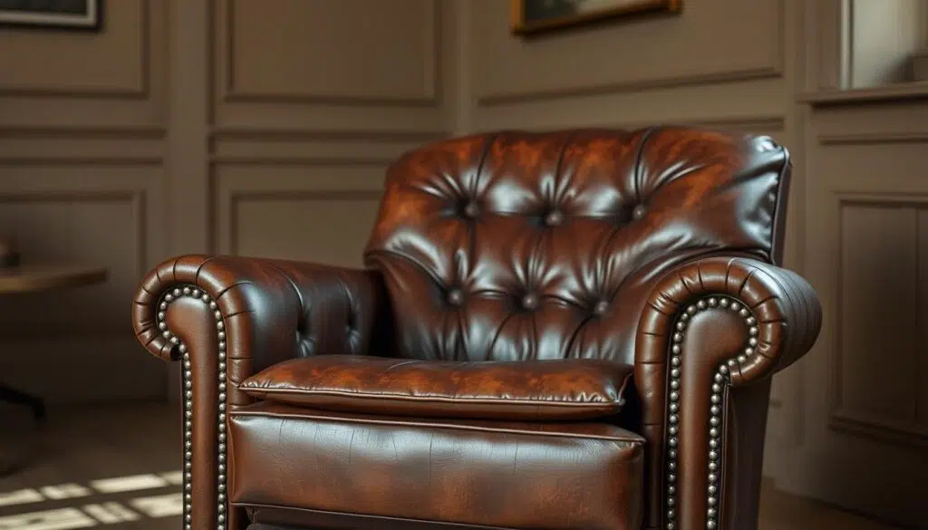 Elegante echt leren stoel die patina heeft ontwikkeld met de tijd Elegante echt leren stoel die patina heeft ontwikkeld met de tijd