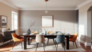 Elegante eetkamer met donkerbruine tafel en verschillende kleur eetkamerstoelen die harmonie tonen