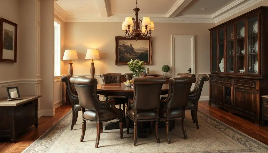 Elegante eetkamer met leren stoelen die de tand des tijds hebben doorstaan Elegante eetkamer met leren stoelen die de tand des tijds hebben doorstaan