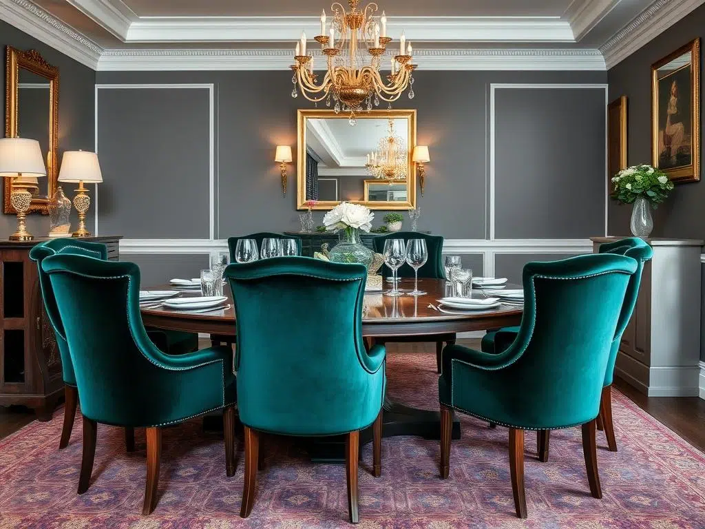 Elegante eetkamer met luxe velvet eetkamerstoelen Elegante eetkamer met luxe velvet eetkamerstoelen