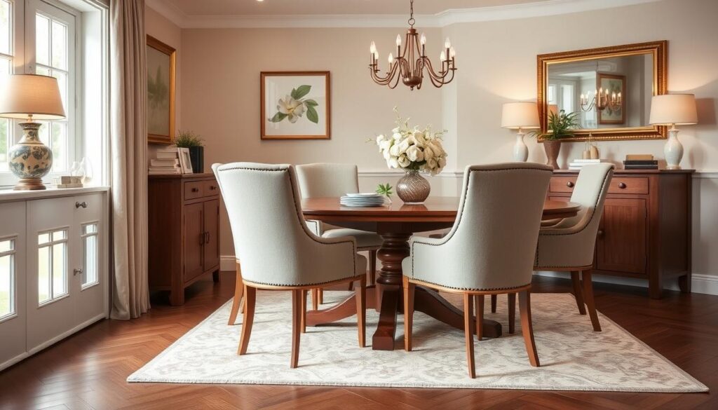 Elegante eetkamer met perfect afgestemde stoelen op een eettafel van 78 cm Elegante eetkamer met perfect afgestemde stoelen op een eettafel van 78 cm