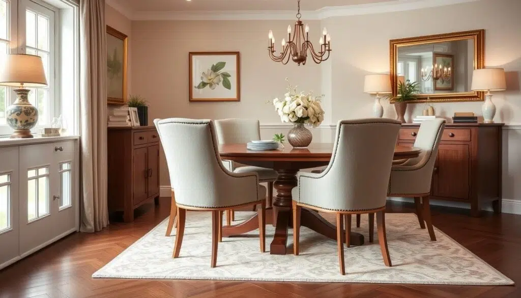 Elegante eetkamer met perfect afgestemde stoelen op een eettafel van 78 cm Elegante eetkamer met perfect afgestemde stoelen op een eettafel van 78 cm