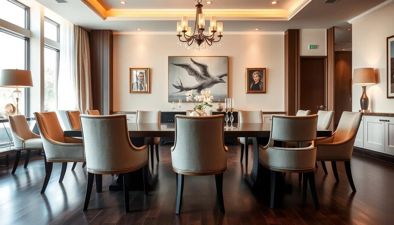 Elegante eetkamer met perfect geplaatste stoelen rond een tafel, met duidelijke ruimte tussen eetkamerstoelen